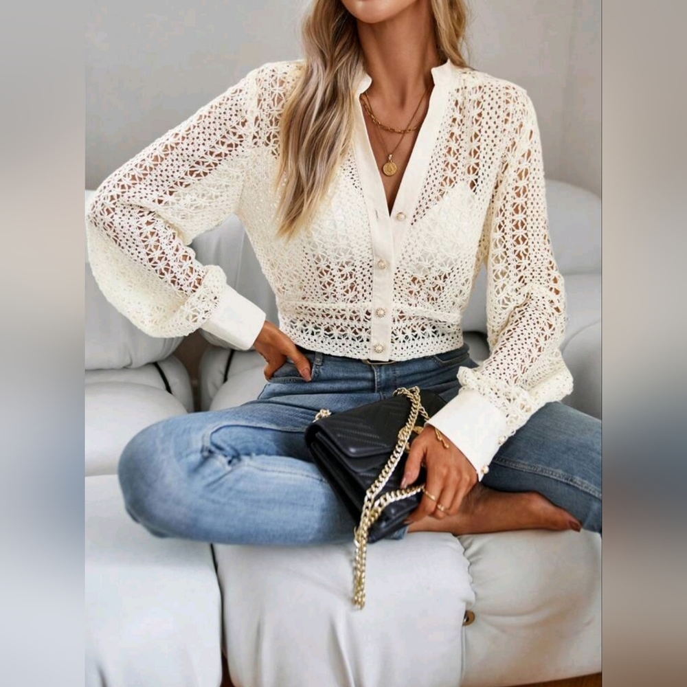New Boho Sheer Lace Button Crop Top Cream Ivory Off White - Picture 2 of 8